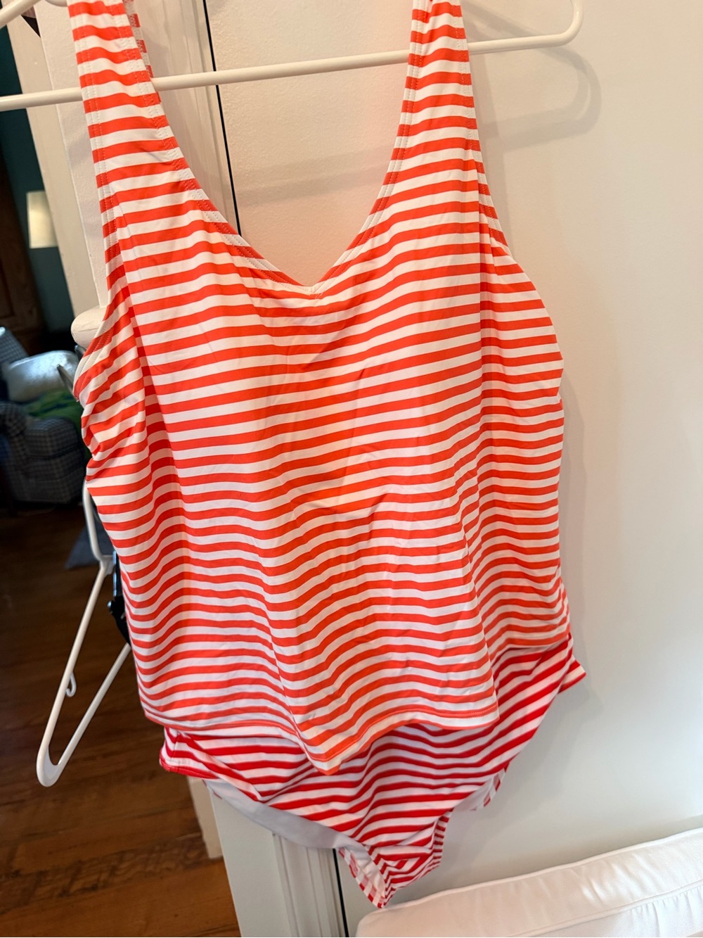 Lands' End Coral and White Striped One-Piece Swimsuit “Fauxkini”
